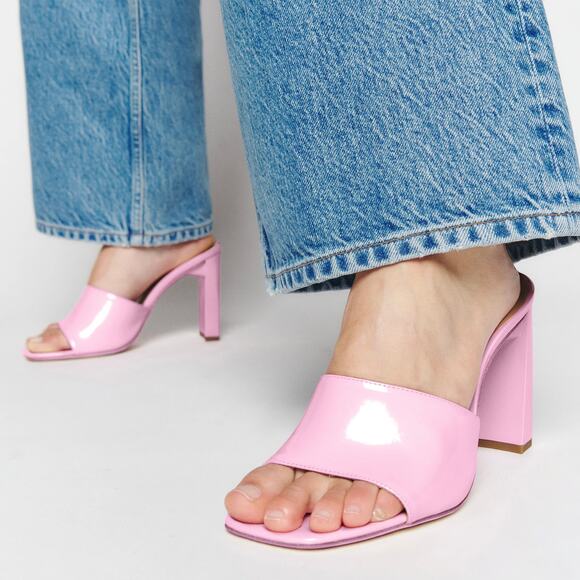 Reformation Shoes - REFORMATION Georgi Block Heel Sandal Patent Leather Square Toe Mule, Pop Pink